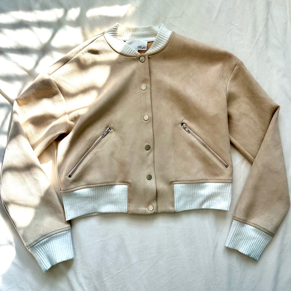 Elegant Beige Bomber Jacket with White Accents